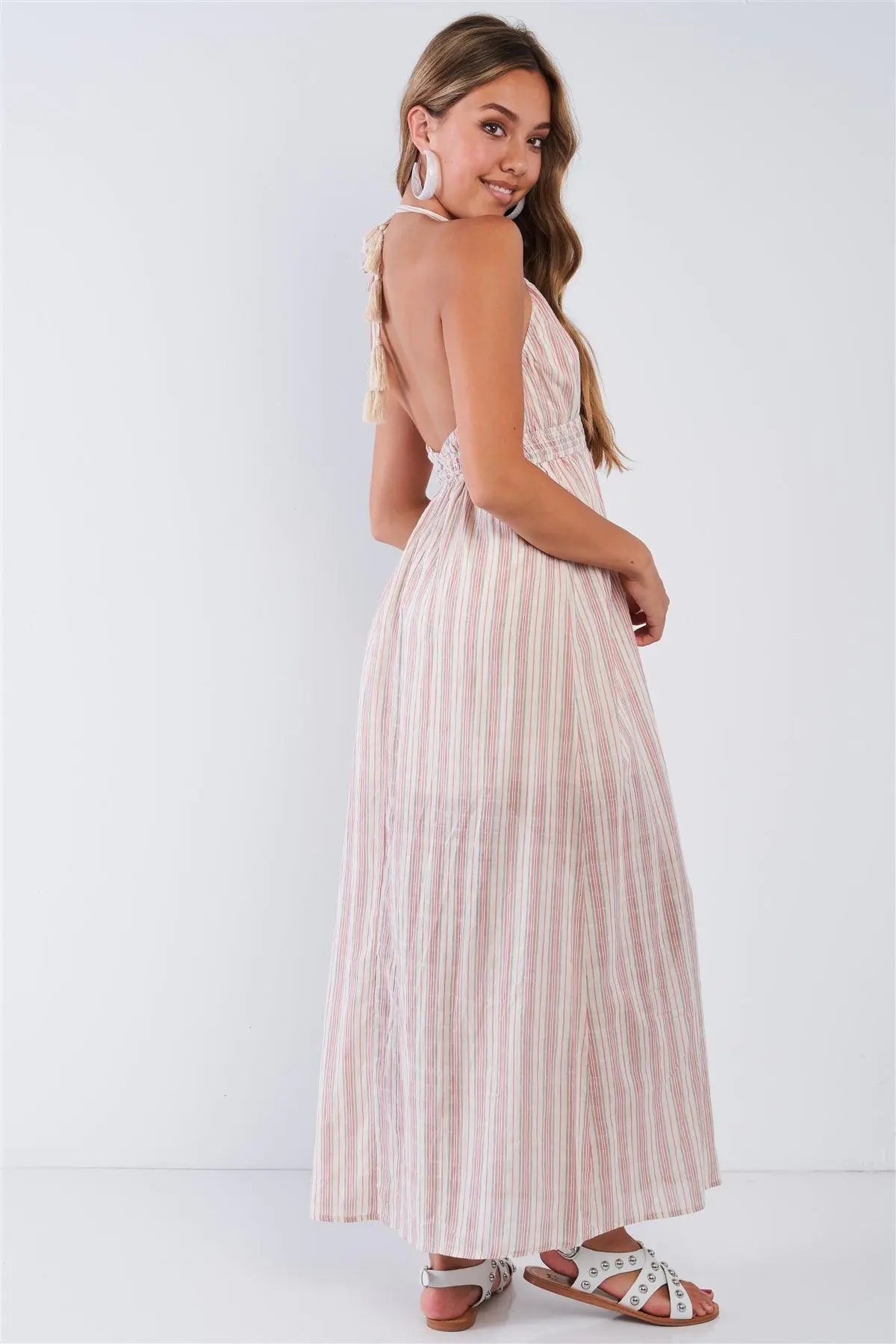 Linen Mauve Striped V-neck Resort Style Split Seam Maxi Dress