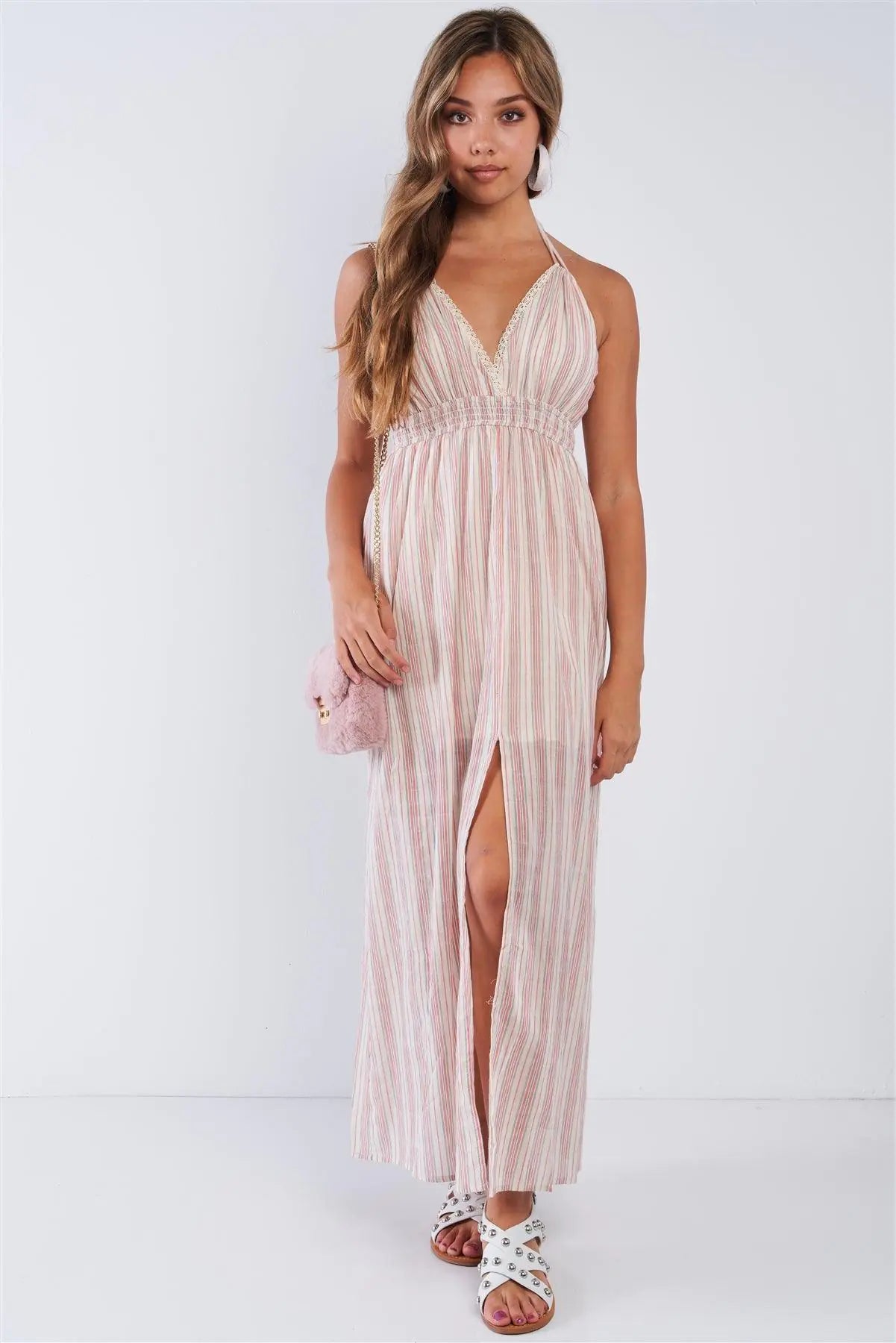 Linen Mauve Striped V-neck Resort Style Split Seam Maxi Dress