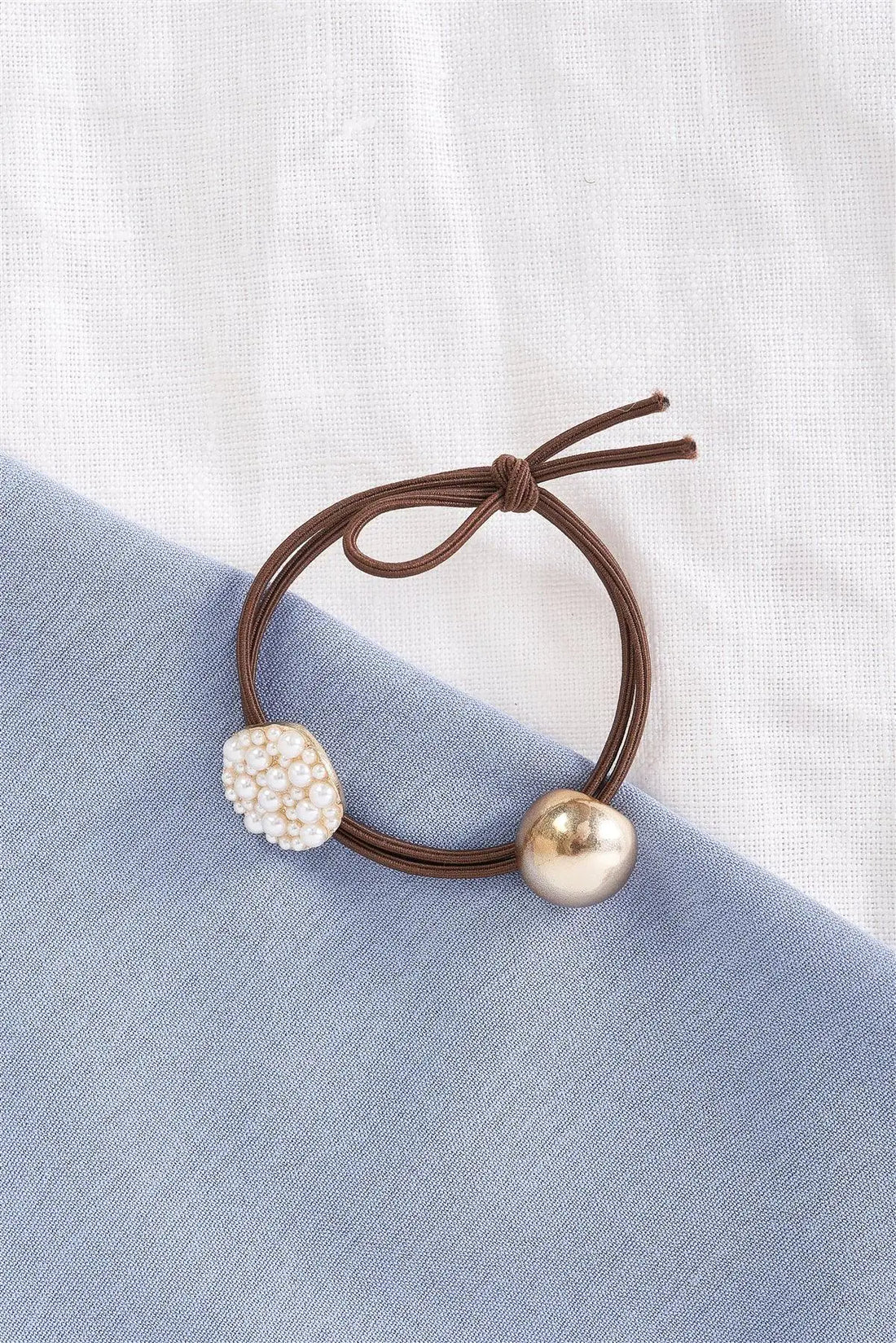 3pcs Brown Elastic Gold Bauble Pearl Hair Tie