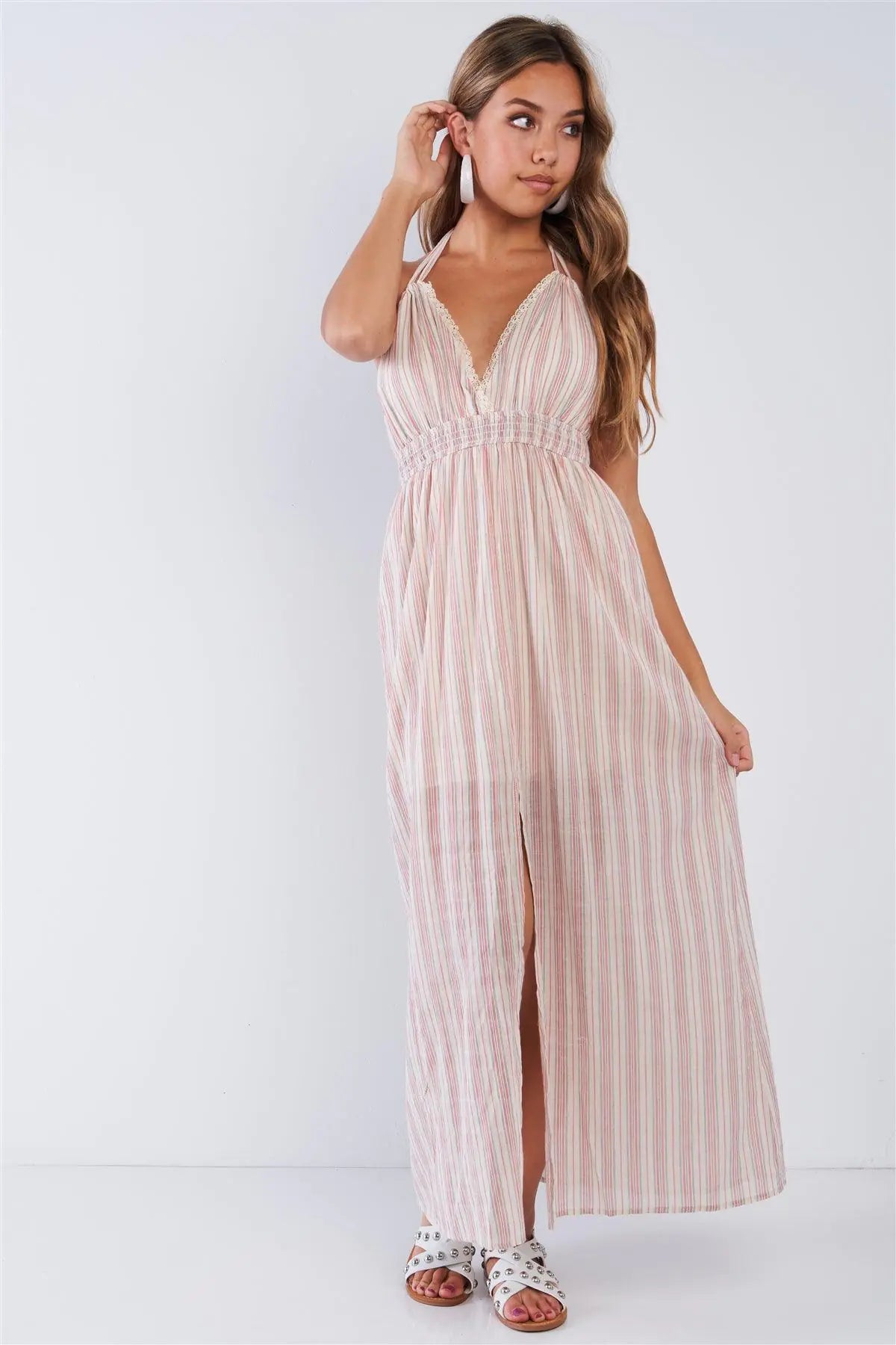 Linen Mauve Striped V-neck Resort Style Split Seam Maxi Dress